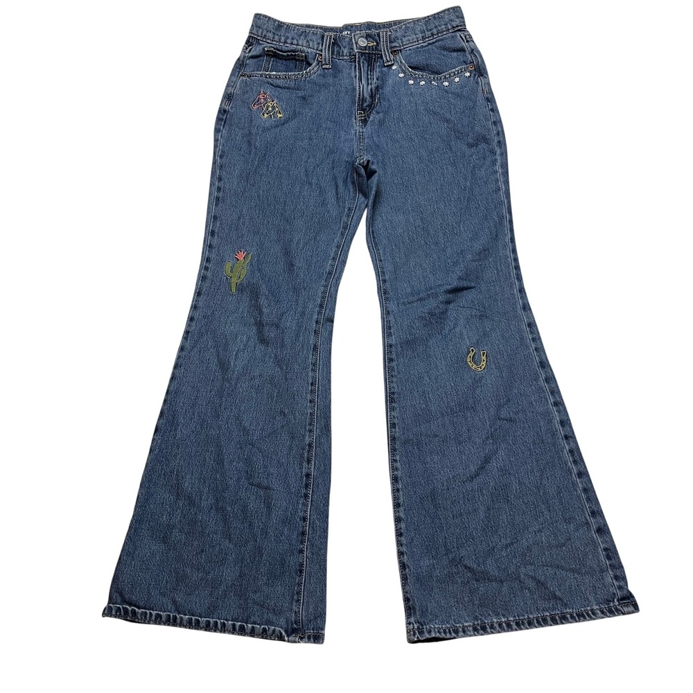 Old Navy Jeans Girls 14 Blue Baggy Flare High Rise Embroidered Western Horse 70s